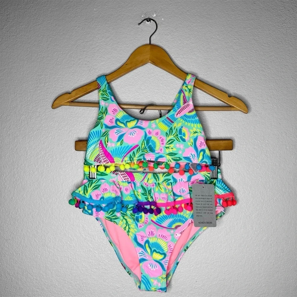 New Kids' Tropical Ruffle Pompom 2-Piece Bikini Set Beach Lingo Big Kid Size 10